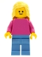Minifig No: pln185  Name: Plain Dark Pink Torso with Dark Pink Arms, Medium Blue Legs, Bright Light Yellow Female Hair Mid-Length