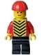 Minifig No: pln190s  Name: Plain Red Torso with Red Arms, Black Legs, Red Construction Helmet, Yellow Chevron Vest