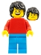 Minifig No: pln192  Name: Plain Red Torso with Red Arms, Dark Azure Legs, Black Tousled Hair
