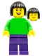 Minifig No: pln194  Name: Plain Bright Green Torso with Bright Green Arms, Dark Purple Legs, Black Bobbed Hair