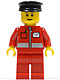 Minifig No: post010  Name: Post Office White Envelope and Stripe, Red Legs, Black Hat (Undetermined Eyebrows)