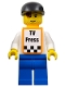 Minifig No: rac028as  Name: F1 Race Camera Operator - Male, White Torso, Blue Legs, Black Cap, Orange Vest with Stickers