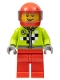 Minifig No: rac054  Name: Lime Jacket with Wrench and Black and White Checkered Pattern, Red Legs, Red Helmet, Trans-Brown Visor