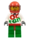 Minifig No: rac059  Name: Race Car Driver, White Octan Racing Suit with Silver Zipper, Red Helmet with Trans-Brown Visor, Crooked Smile, Stubble Beard