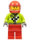 Minifig No: rac061  Name: Lime Jacket with Wrench and Black and White Checkered Pattern, Red Legs, Red Helmet, Trans-Clear Visor