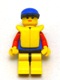 Minifig No: res013  Name: Coast Guard City Center - Red Collar & Arms, Yellow Legs with Black Hips, Blue Cap, Life Jacket