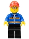 Minifig No: sc010  Name: Blue Jacket with Pockets and Orange Stripes, Black Legs, Red Cap with Hole, Silver Sunglasses