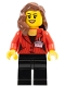 Minifig No: sc011  Name: Camerawoman - Red Suit Jacket with Press Pass, Black Legs, Reddish Brown Female Hair over Shoulder, Open Mouth Smile with Peach Lips