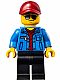 Minifig No: sc021  Name: Race Official - Male, Blue Jacket over Dark Red V-Neck Sweater, Black Legs, Dark Red Cap with Hole, Sunglasses