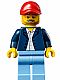 Minifig No: sc026  Name: Race Official - Male, Dark Blue Blazer over White Button Down Shirt, Medium Blue Legs, Red Cap with Hole, Beard
