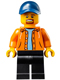 Minifig No: sc029  Name: Race Official - Male, Orange Jacket Hoodie over Medium Blue Sweater, Black Legs, Dark Blue Cap with Hole, Goatee