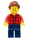Minifig No: sc047  Name: Race Fan - Male, Red Plaid Flannel Shirt, Dark Blue Legs, Reddish Brown Spiked Hair, Open Mouth Smile with Teeth