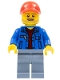 Minifig No: sc073  Name: Race Marshal - Male, Blue Jacket over Dark Red V-Neck Sweater, Sand Blue Legs, Red Cap with Hole, Beard