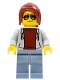 Minifig No: sc075  Name: Race Marshal - Female, Light Bluish Gray Hoodie over Dark Red Shirt, Sand Blue Legs, Dark Red Ponytail Long with Side Bangs, Sunglasses and Peach Lips