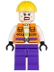 Minifig No: sh0093  Name: Joker's Goon - Construction Outfit, Orange Jacket, Yellow Helmet, Purple Legs