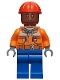 Minifig No: sh0547  Name: Dock Worker - Male, Orange Safety Jacket, Reflective Stripe, Sand Blue Hoodie, Blue Legs, Red Construction Helmet, Reddish Brown Head