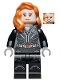 Minifig No: sh0629  Name: Black Widow - Black Jumpsuit, Dark Orange Mid-Length Hair, Printed Legs, Dark Bluish Gray Hands