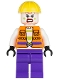 Minifig No: sh093  Name: Joker's Goon - Construction Outfit, Orange Jacket, Yellow Helmet, Purple Legs