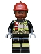 Minifig No: sh579  Name: Firefighter - Dark Red Fire Helmet, Reddish Brown Head, Reflective Stripes