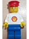 Minifig No: shell001b  Name: Shell - Classic - Blue Legs, Red Hat (Torso with Squared Sticker)