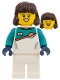 Minifig No: sp149  Name: Astronaut - Female, Dark Brown Hair, White Spacesuit with Dark Turquoise Panel and Sleeves
