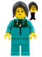 Minifig No: sp151  Name: Astronaut - Female, Dark Brown Long Hair, Dark Turquoise Track Suit