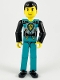 Lot ID: 70483192  Minifig No: tech013  Name: Technic Figure Dark Turquoise Legs, Dark Turquoise Torso with Yellow, Black, Silver Pattern, Black Arms
