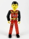 Lot ID: 285313597  Minifig No: tech023s  Name: Technic Figure Red Legs, Red Top with Black 'FIRE', Black Arms (Fireman) - With Sticker