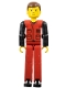 Minifig No: tech028  Name: Technic Figure Red Legs, Red Top with Black Pattern, Black Arms, Brown Hair