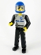 Minifig No: tech029a  Name: Technic Figure Black Legs, Light Gray Top with Police Pattern, Black Arms, Blue Helmet