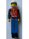 Minifig No: tech031a  Name: Technic Figure Blue Legs, Red Top with Zipper, Black Arms, Black Hair, White Helmet