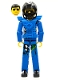 Minifig No: tech033as  Name: Technic Figure Blue Legs, Blue Top with Chest Plate, Black Hair, Black Helmet - With Stickers
