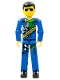 Lot ID: 336324705  Minifig No: tech033s  Name: Technic Figure Blue Legs, Blue Top with Technic Logo, Black Hair and Sunglasses - with Stickers
