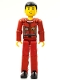 Lot ID: 362644152  Minifig No: tech034  Name: Technic Figure Red Legs, Red Top with Technic Logo, Black Hair - Without Stickers