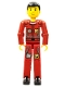 Lot ID: 395707472  Minifig No: tech034s  Name: Technic Figure Red Legs, Red Top with Technic Logo, Black Hair - with Stickers