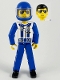 Minifig No: tech038a  Name: Technic Figure Blue Legs, White Top with Zipper and Blue Shoulder Harness Pattern, Blue Arms, Blue Helmet, Trans-Clear Visor
