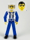 Minifig No: tech038b  Name: Technic Figure Blue Legs, White Top with Zipper and Blue Shoulder Harness Pattern, Blue Arms, White Helmet, Trans-Clear Visor