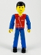 Minifig No: tech040  Name: Technic Figure Blue Legs, Red Top with Zipper, Blue Arms, Black Hair