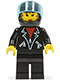 Minifig No: tel003  Name: Leather Jacket with Zippers - Black Legs, Black Helmet, Trans-Light Blue Visor, Female