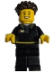 Minifig No: tls127  Name: LEGO Brand Store Employee - Male, Black Shirt with Yellow Stripes, Dark Brown Coiled Hair