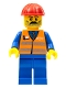 Minifig No: trn001  Name: Orange Vest with Safety Stripes - Blue Legs, Moustache, Red Construction Helmet