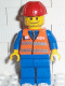 Minifig No: trn002 Name: Orange Vest with Safety Stripes - Blue Legs, Beard Stubble, Red Construction Helmet Minifig No: trn002 Name: Orange Vest with Safety Stripes - Blue Legs, Beard Stubble, Red Construction Helmet
