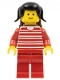 Minifig No: trn009  Name: Horizontal Lines Red - Red Arms - Red Legs, Black Pigtails Hair, Brown Backpack