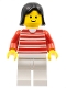Minifig No: trn011  Name: Horizontal Lines Red - Red Arms - White Legs, Black Female Hair