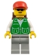 Minifig No: trn029  Name: Jacket Green with 2 Large Pockets - Light Gray Legs, Red Cap and Brown Backpack