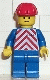 Minifig No: trn049 Name: Red & White Stripes - Blue Legs, Red Construction Helmet Minifig No: trn049 Name: Red & White Stripes - Blue Legs, Red Construction Helmet
