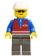 Minifig No: trn058  Name: Red Vest and Zipper - Dark Gray Legs, White Construction Helmet, Sunglasses