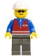 Lot ID: 387528001  Minifig No: trn058  Name: Red Vest and Zipper - Dark Gray Legs, White Construction Helmet, Sunglasses