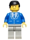 Minifig No: trn070  Name: Suit with 3 Buttons Blue - Light Gray Legs, Black Male Hair