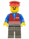 Minifig No: trn080  Name: Red Vest and Zipper - Dark Gray Legs, Red Hat